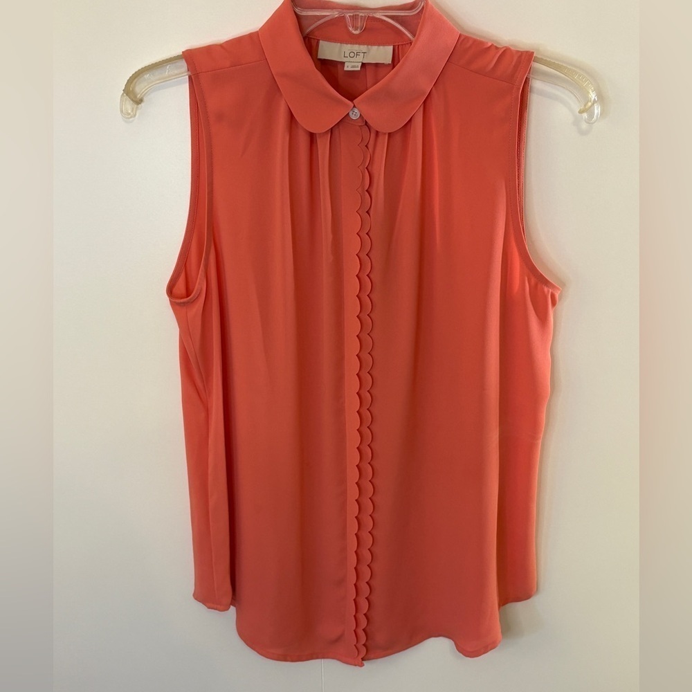 LOFT Coral Sleeveless Blouse with Scallop Trim | S
